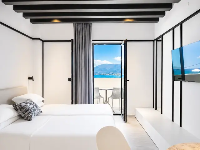 Sea-view studio interior at Veneto Apartments, Stalis, Crete