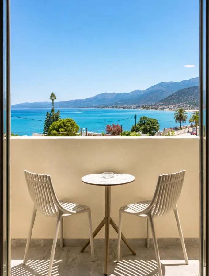 Terrasse mit Tisch und Blick über die Bucht von Stalis